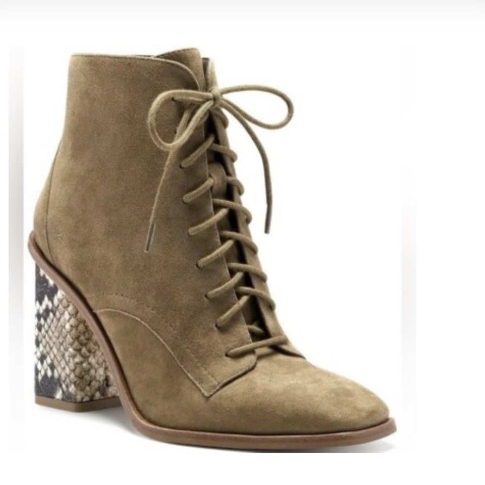 Vince Camuto Olive Taupe Dreveri Lace-Up Boots with Snakeskin Heel